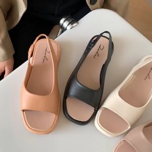 Thick Soled Sandals: Genuine Leather Soft Soles Sloping Heels for Fashionable Outdoor Wear