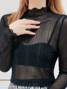 เสื้อชั้นในลูกไม้คอปกสูงครึ่งตัวสำหรับผู้หญิง เสื้อชั้นในลูกไม้เนื้อนุ่มสวมใส่สบาย แขนยาว ทรงเข้ารูป ฤดูใบไม้ผลิ ฤดูใบไม้ร่วง ฤดูหนาว