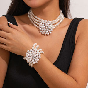 Diamond Studded Hollow Multi-Layer Imitation Pearl Bracelet Necklace for Women Hip Hop High Profile Fashion Stylish Photo Taking Ornament