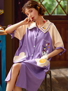 ชุดนอนผู้หญิงผ้าฝ้ายแท้แขนสั้นบาง คาร์ดิแกนเปิด ชุดเดรสยาวไซส์ใหญ่ ใส่ไปงานกลางแจ้ง ชุดนอนฤดูร้อน ชุดนอนผู้หญิง