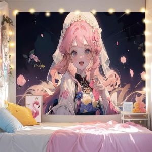 VIKAMA Pink Hair Hanfu Girl Tapestry New Chinese anime Background Clothes Dormitory Decoration Tapestry Room Decoration