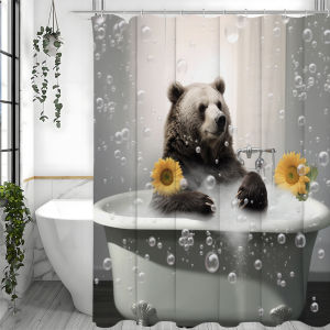 Fun Brown Bear Sitting in the Tub Taking a Bath Sunflower Shower Curtain Bathroom Decorative Shower Curtain Waterproof Shower