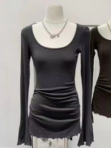 Áo Thun Nữ Tay Dài Ôm Vừa Vặn Cổ Lớn Tay Áo Phồng Xếp Ly Chất Liệu Cotton Mùa Xuân 2024 Thời Trang Công Sở Màu Trơn