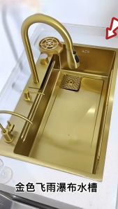 -SG LOCAL STOCK/48H DELIVERY-Gold Waterfall Kitchen Sink 304 Stainless Steel Single Basin Bowl Tank Pullout Faucet Tap