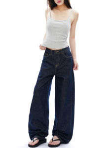 Loose Straight Leg Jeans Deep Blue Patchwork American Style Casual Cotton Zipper Pure Color B Class All Seasons Youth Jeans