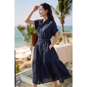 Misoshine | 100 Percent Ramie Minimalist Deep Blue Slimming Shirt Dress