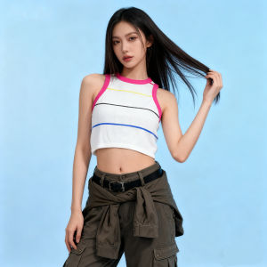 American Retro Striped Knitted Mini Vest Women Summer Inner Wear Sleeveless Shoulder Dig out Base Top Hanging Neck Strap Outerwear