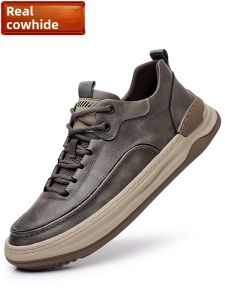 New Mens Casual Leather Shoes Breathable Soft Bottom Spring Autumn Sports Board Shoes Trendy Flat Heel round Toe Rubber Sole