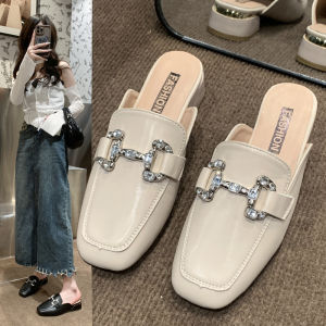 French Style Womens Mules Slippers Half Slippers Outdoor Wear Spring New Lazy Person Slippers Anti-Slip Rubber Bottom