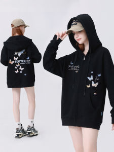 Áo Khoác Cardigan Trùm Đầu Rộng Rãi Màu Đen Có Khóa Kéo Cho Nữ Mùa Thu Đông Thường Ngày Bằng Cotton Phong Cách Đường Phố