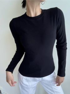 French Elegant Solid Color round Neck Long Sleeve Base T-Shirt Womens Spring Autumn Korean Style Versatile Tight Inner Wear Shoulder Trend