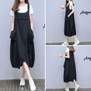 Casual A-Line Skirt Two-Piece Set Summer New plus Size Womens T-Shirt Overalls Loose Dress Fashion Korean Style round Neck