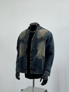 New Chinese Style Button down Denim Jacket Vintage Washed Retro American Style Youth Casual Long Sleeve Standard Fit Coat