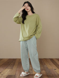 me home wear | Cotton Solid Long Sleeve Round Neck Loungewear