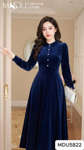 Váy Thiết Kế MDU5822 Chất Nhung Cao Cấp Gam Xanh Navy Cổ Sơ Mi Phối Cúc Ngọc Trai Sang Trọng Từ MDU