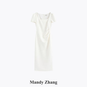 Simple Elegant High-end White Acetate Dress Waist-contracted