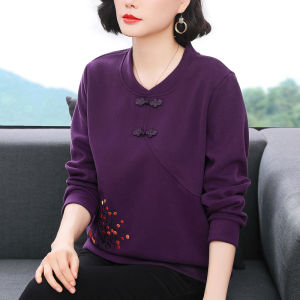 Casual Loose Long Sleeve Sweatshirt for Women Spring Autumn New Style Fashionable National Style Button Design Anti Aging Top