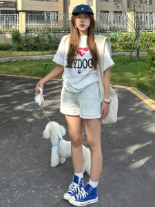 Quần Short Thể Thao Lưng Cao Bằng Cotton Nguyên Chất Màu Xám Trắng Phong Cách Mỹ Mùa Hè Quần Dài Ba Điểm Rộng Rãi Cho Nữ