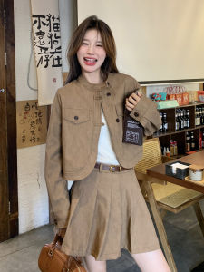 Khaki Workwear Set Short Jacket Pleated Mini Skirt Two-Piece Womens Fashion Autumn 2025 Casual Style round Neck Long Sleeve