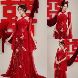 [HOẢ TỐC 2H ẢNH THẬT] ÁO DÀI NỮ REN HOA LÓT LỤA 6 TÀ CỔ YẾM THÊU KẾT CÔNG PHƯỢNG ĐỎ/HỒNG/TRẮNG CAO CẤP ĐI TIỆC CƯỚI HỎI