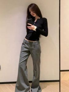 Quần Ống Loe Màu Xám Cạp Thấp Dáng Rộng Dài Đến Sàn Cho Nữ Dáng Dài Cao 175 Quần Tây Phong Cách Hàn Quốc Giản Dị