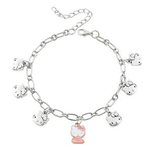 Sanrio | Cute Hello Kitty Chain Bracelet Zinc Alloy with Multiple Kitty Head Charms Silver Tone Adjustable Wristband Jewelry