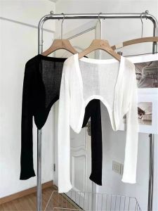 สไตล์ฝรั่งเศสถักผ้าพันคอผ้าไหมน้ําแข็งผู้หญิงบางฤดูร้อนแคชเมียร์เสื้อสเวตเตอร์ถักพร้อมสายคล้องบทเรียนชุดOuterwear