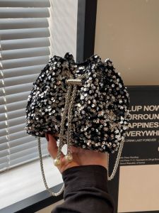 Shiny Sequin Bucket Bag Womens Crossbody Chain Strap Versatile Shoulder Bag Korean Style Soft PU Leather Small Size