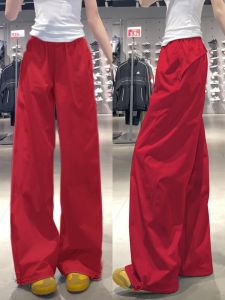 Red High Waist Quick Dry Wide Leg Casual Pants Womens Summer New Style Slimming Workwear Trousers American Sport Pants