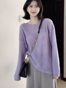 เสื้อสเวตเตอร์ถักสีม่วงอ่อน ทรงหลวม แขนยาว ปกติ คอกลม ปกติ ฤดูใบไม้ผลิและฤดูใบไม้ร่วง เสื้อผ้าทำงานสำหรับผู้หญิง