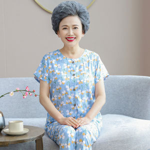 ชุดนอนผ้าไหมคอตตอนแขนสั้นสำหรับผู้หญิงวัยกลางคนและผู้สูงอายุ ชุดสองชิ้น ทรงหลวม แขนสั้น ปกติ ฤดูร้อน ใหม่ 2025