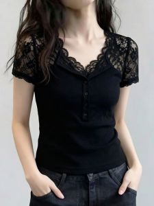 AIYITI | Lace Trim V-Neck Short Sleeve T-Shirt