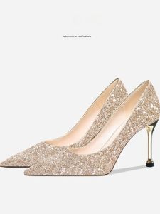 Crystalline Wedding Shoes Womens Two-Way Wear Comfortable High Heels Daily Wear Elegant Glitter Leather Upgraded Version