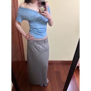 YUEZHONGWEI | Áo Thun Hè Tay Off-Shoulder Vòng Cổ V Kết Hợp Ren Ôm Sát
