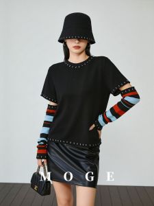 Striped Splice Round Neck Tshirt Women