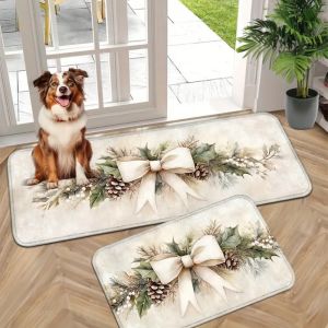 VIKAMA 1PC/2PC Christmas Bow Holly Leaf Doormat Indoor Entry Mat Front Doormat Kitchen Non-Slip Rug Holiday Home Decor