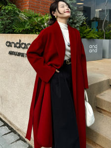 เสื้อคลุมขนสัตว์สีแดงสำหรับผู้หญิง ทรงยาวปานกลาง ฤดูหนาว คุณภาพสูง คู่สมรส แจ็คเก็ตผ้าขนสัตว์สองด้าน ชุดคลุมกันหนาว