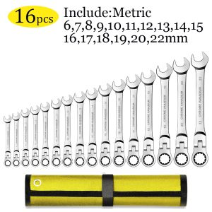 WOZOBUY | Flex-Head Ratcheting Wrench Set 16 pcs Metric 6-22mm Cr-V Combination Wrench Sets 72 Teeth Wrenches Set with Carrying Bag