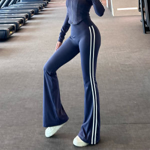 กางเกงโยคะเอวสูงสำหรับผู้หญิง กางเกงวิ่งสปอร์ตเอวสูง ทรงหลวม ทรงหลวม ทรงขากระบอกเล็ก กางเกงขายาวลายทาง ดูดซับเหงื่อ ระบายอากาศได้ดี ทรงสลิมฟิต