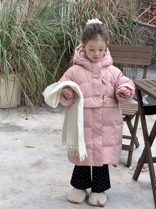 Korean Style Thickened White Duck down Coat for Children with Hood Long Version Button Design Baby Girl Winter Jacket Trendy
