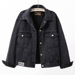 Casual Loose Short Denim Jacket for Women in Black Grey Spring Autumn Korean Style with Pockets Versatile Cotton Blend Jacket