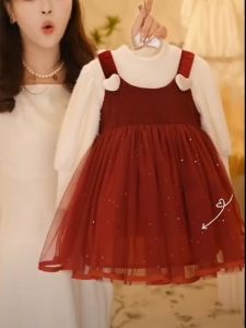 Girls Fleece Lined Dress New Year Visit One Year Old Baby Red Celebration Outfit Trendy Childrens Wear Autumn Winter New Arrival