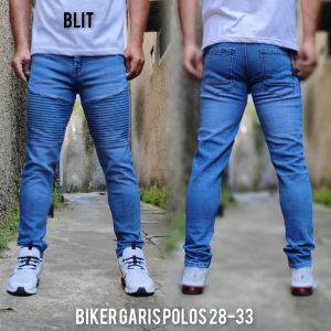 Celana Jeans Panjang Pria Bikers Garis Stretch Denim Melar Tebal Slimfit Skinny Size 28-33