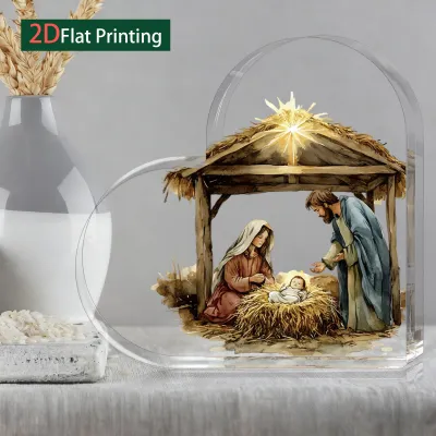 CIFbuy | Acrylic Base Jesus Figurine Heart-Shaped Nativity Scene Set Religious Christmas Manger Decor Battery-Free Tabletop Ornament