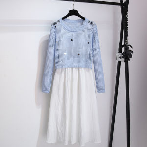 Blue Knitted Open-Shirt over White Strap Dress Womens Two-Piece Set Spring Summer French Style Hollow out Soft Polyester Long Sleeve Dress
