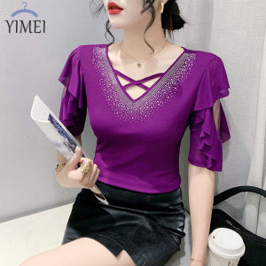 YIMEI Áo Thun Nữ Đẹp Áo Lưới Cổ Chữ V Đính Kim Cương Thời Trang 2023 Ngắn Tay Mùa Hè Mới Áo Lá Viền Đen Phong Cách Thiết Kế