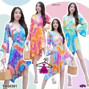 modelo v-neck dress with slanted ruffles and fish tail tie-dye print, เดรสคอวีระบายเฉียงหางปลาพิมลายมัดย้อม