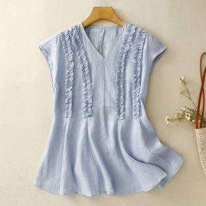 เสื้อเชิ้ตผู้หญิงแขนกุดคอวีผ้าลินินผสมคอตตอน ทรงหลวม สไตล์ลำลอง สำหรับใส่ไปทำงานในฤดูร้อน ทรงปกติ