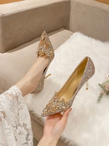 Elegant Champagne Sequin Wedding Shoes Heavy Embroidery Comfortable High Heels for Bridal Gown And Show Hoel Footwear Fashion