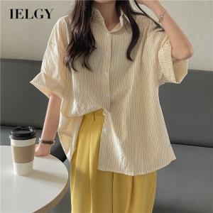 IELGY womens korean style loose and slim striped short sleeve shirt